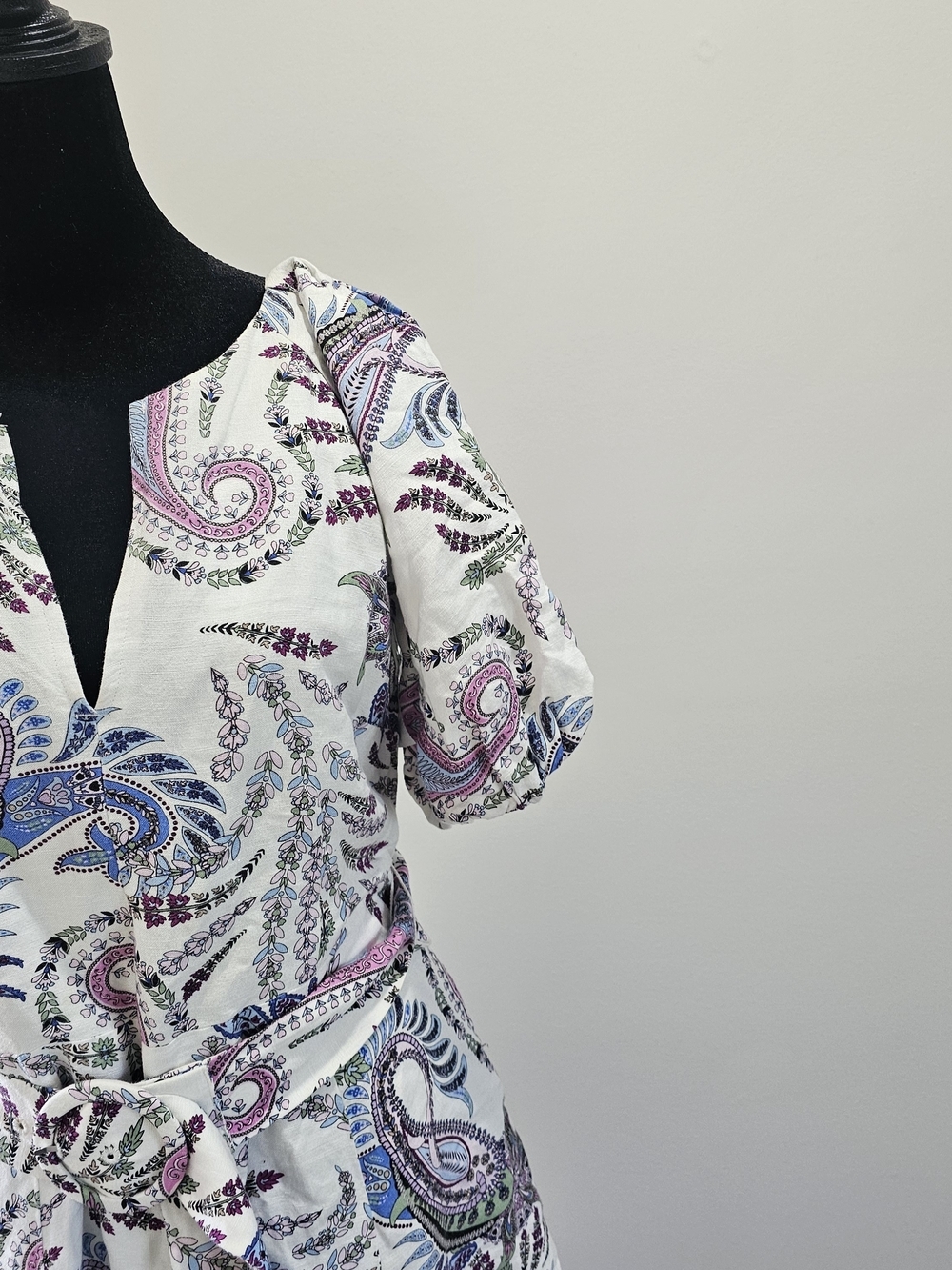 LOFT White Paisley Tie-Waist Linen Blend Mini Dress Size 2{Bx19} - Picture 6 of 15